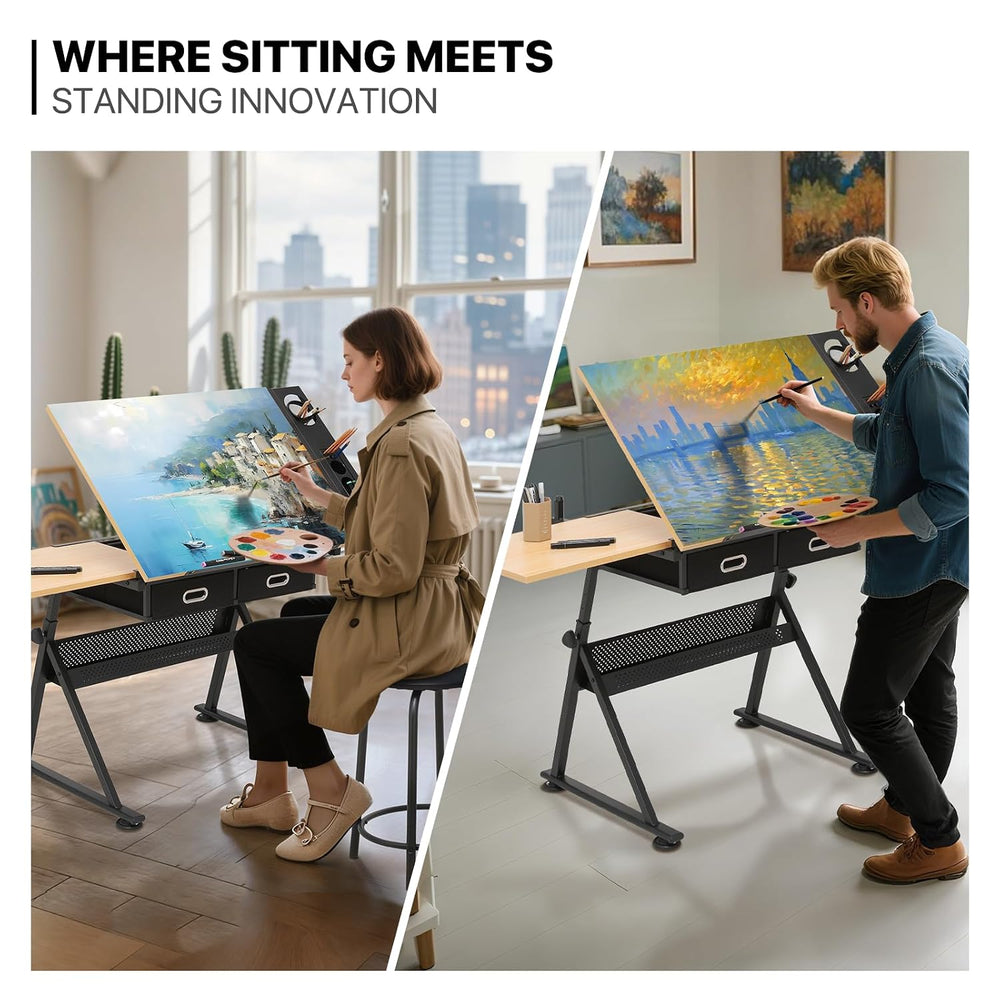 MoNiBloom 39‘’ Adjustable Drafting Table & Stool Set with Storage, Natura...