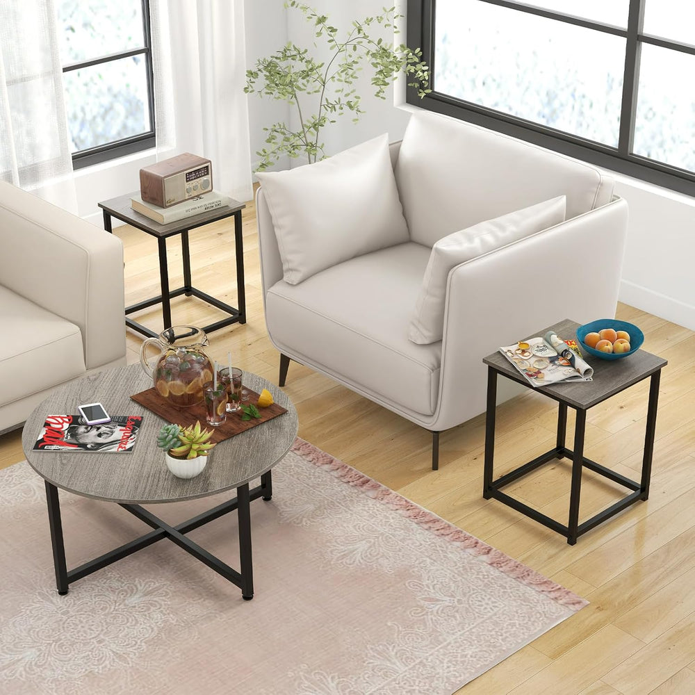 COSTWAY Coffee Table Set of 3, Wood Grain Round Coffee Table and 2 Square End...