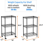 Small 3 Tier Shelves Storage Wire Shelving Unit Metal Shelf Adjustable Organizers Storage Shelving with Wheels for Bathroom Laundry Room Kitchen Pantry12”D x 18”W x 30.7”H Black
