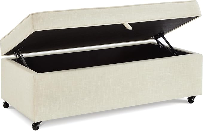 45" Modern Sofa Ottoman with Storage,Linen Upholstered Storage Bench with Rotation Casters and Safety Hinge, for Living Room,Ivory
