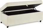 45" Modern Sofa Ottoman with Storage,Linen Upholstered Storage Bench with Rotation Casters and Safety Hinge, for Living Room,Ivory