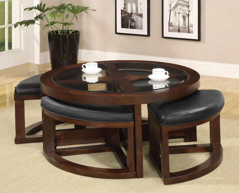 Dark Walnut Coffee Table Glass Insert Top Ottoman Included Table Set Living R...