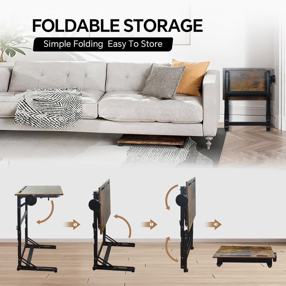 No Assembly Folding TV Tray Table C-Shaped Couch End Table with Cup Holder &a...