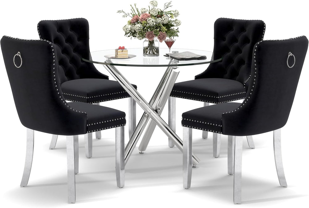 Modern Silver Round Glass Dining Table Set for 2, 36'' Luxury Minimal...