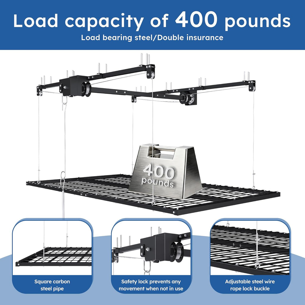 Montary 5x9 FT Overhead Garage Storage Rack for 10-12 FT Ceiling, Adjustable Ceiling Lifting Storage Rack with Safety Lock, 400LBS Capacity All-Steel Construction Heavy-Duty Garage Organizer Rack