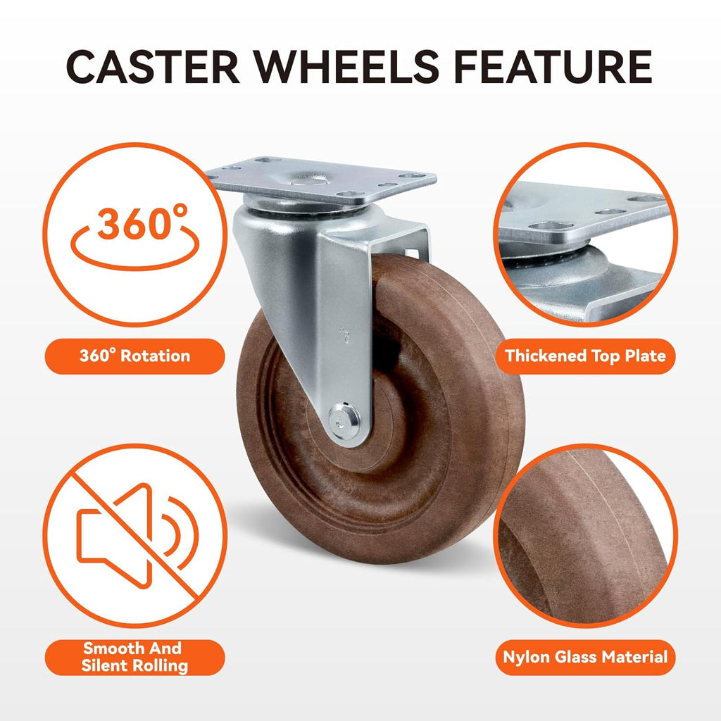 5" Hi-Temp Glass FiIled Nylon Casters, Heavy Duty Casters Set of 4, Industrial Caster Wheels for Commercial Kitchen, Bakery - 2800 lbs Capacity(4 Swivel)