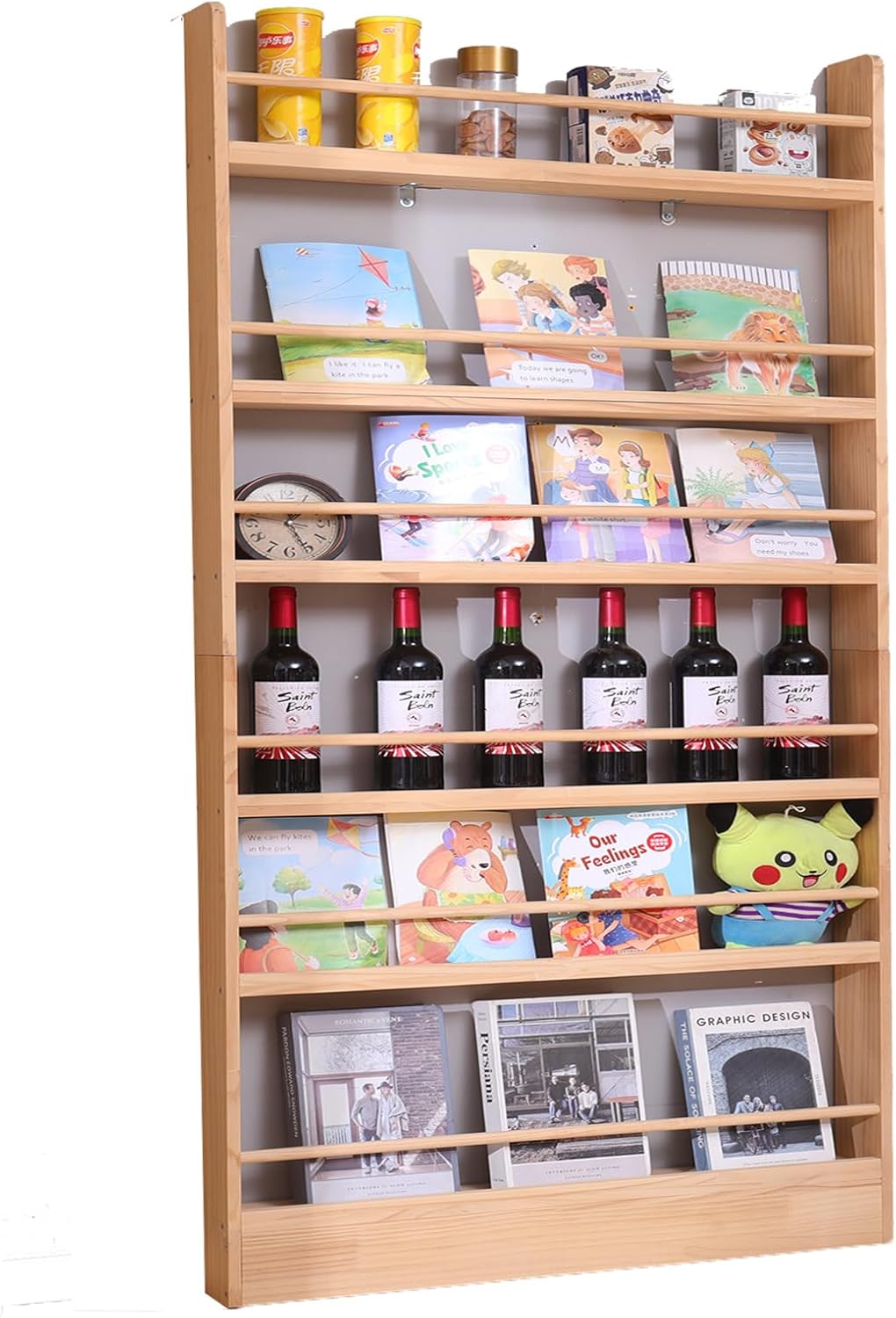 Wooden Kids Bookshelf, Wall Mount 6-Tier Behind The Door Shelf, Organizer for Toys and Books, Space-Saving Wall Mount Narrow Book Shelf