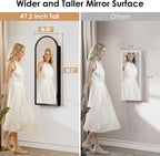 47in Tall Jewelry Cabinet Organizer, Arched Wall or Door Mounted Jewelry Armoire with Full-Length Mirror, 6 LEDS Lockable Hanging Mirror Cabinet with Storage, 2 Drawers, Women Girls Gifts,Black