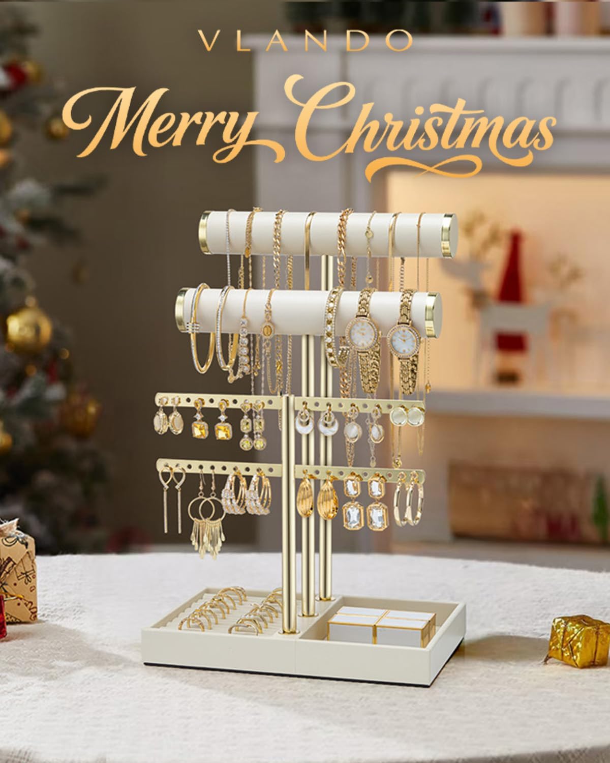 Vlando 3 Tier Jewelry Stand Organizer with Tary, Leather Jewelry Holder Display for Women, Gold Jewlery Holder Display for Necklace, Earring, Bracelet, Rings - Cloud White