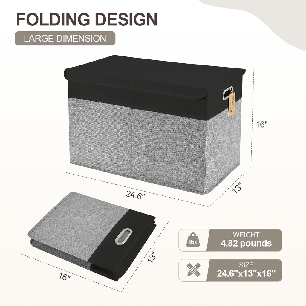 Large Toy Box with Flip-Top Lid, Collapsible Storage Organizer Bins with Dividers and Handles, Kids Bin Chest Baskets for Toys, Playroom Organizers, Nursery 25"x13" x16" (Balck & Gray)