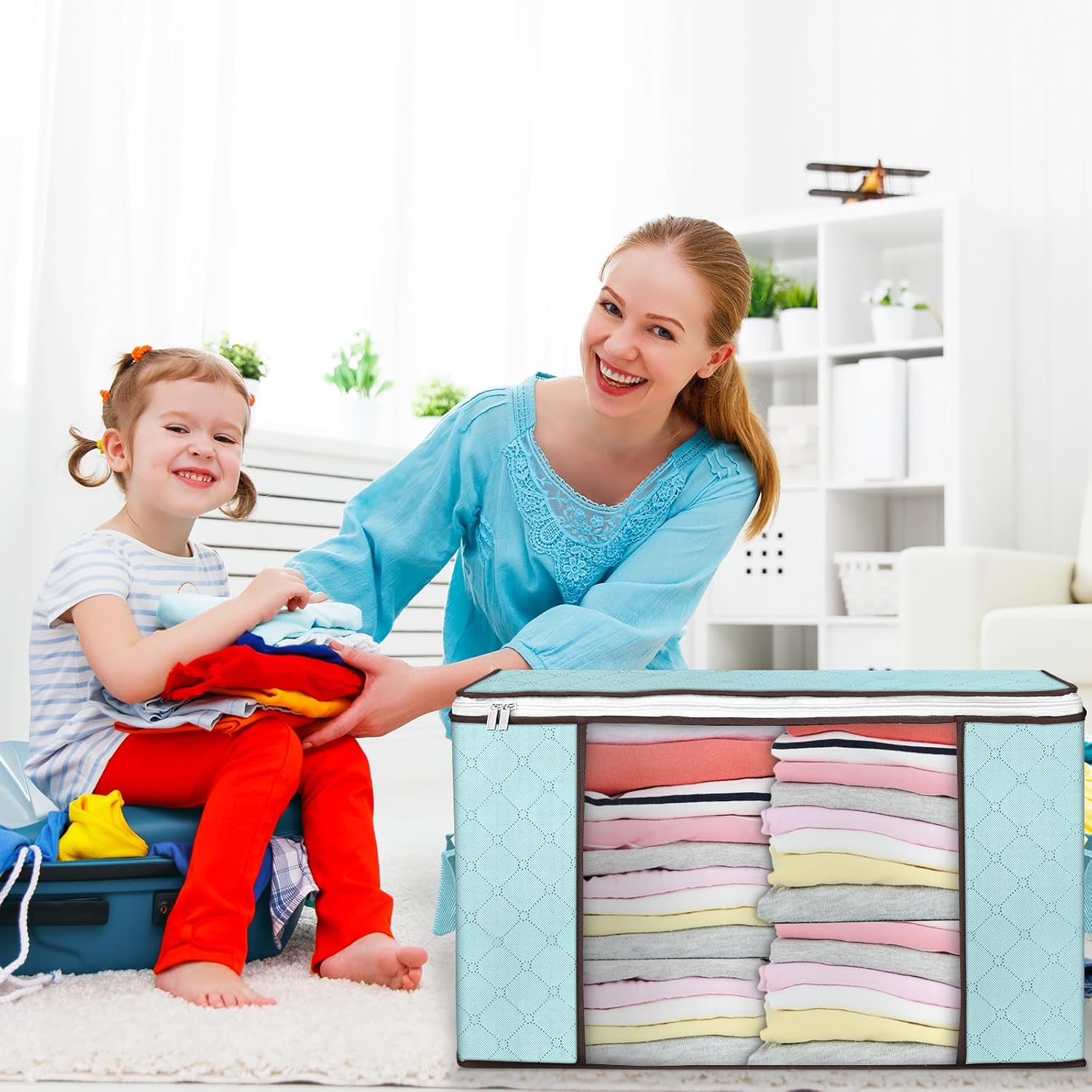 Budding Joy 90 L Large Storage Bags, 4 Pack Clothes Storage Bins Foldable Closet Organizer Storage Containers Storage and Organization for Clothes, Blanket, Comforters, Bed Sheets, Pillows (Blue)