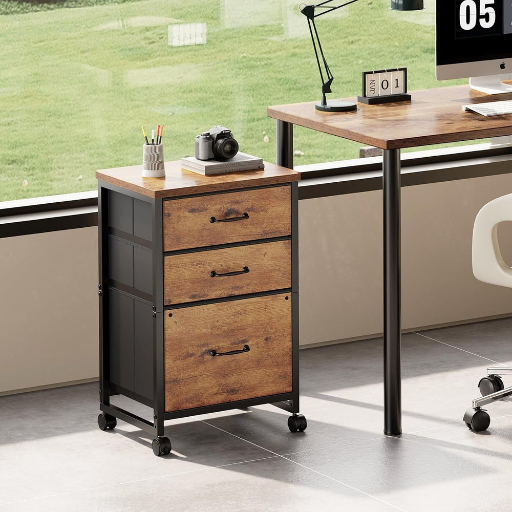 Maihail 3 Drawer File Cabinet with Wheels with Open Storage Shelf, Rustic Brown2