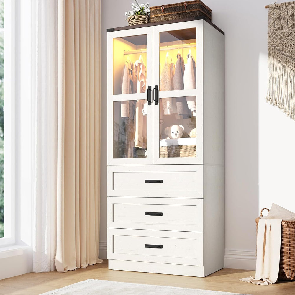 75" Tall Farmhouse 2 Doors Armoire Wardrobe Closet with 3 Drawers and LE...