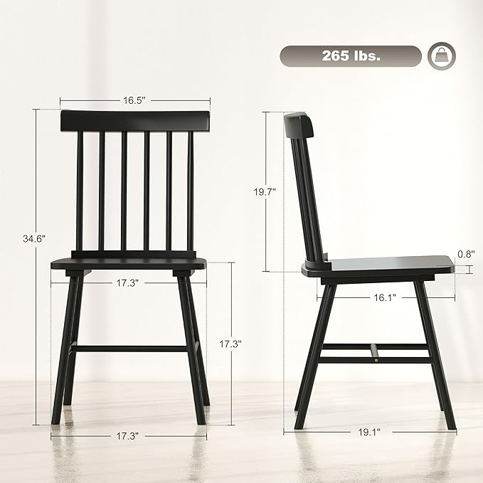 HOMCOM Windsor Dining Chairs Set of 4, Farmhouse Wooden Kitchen Chairs with Rubber Wood Frame and Spindle Backrest for Dining Room, Living Room, Black