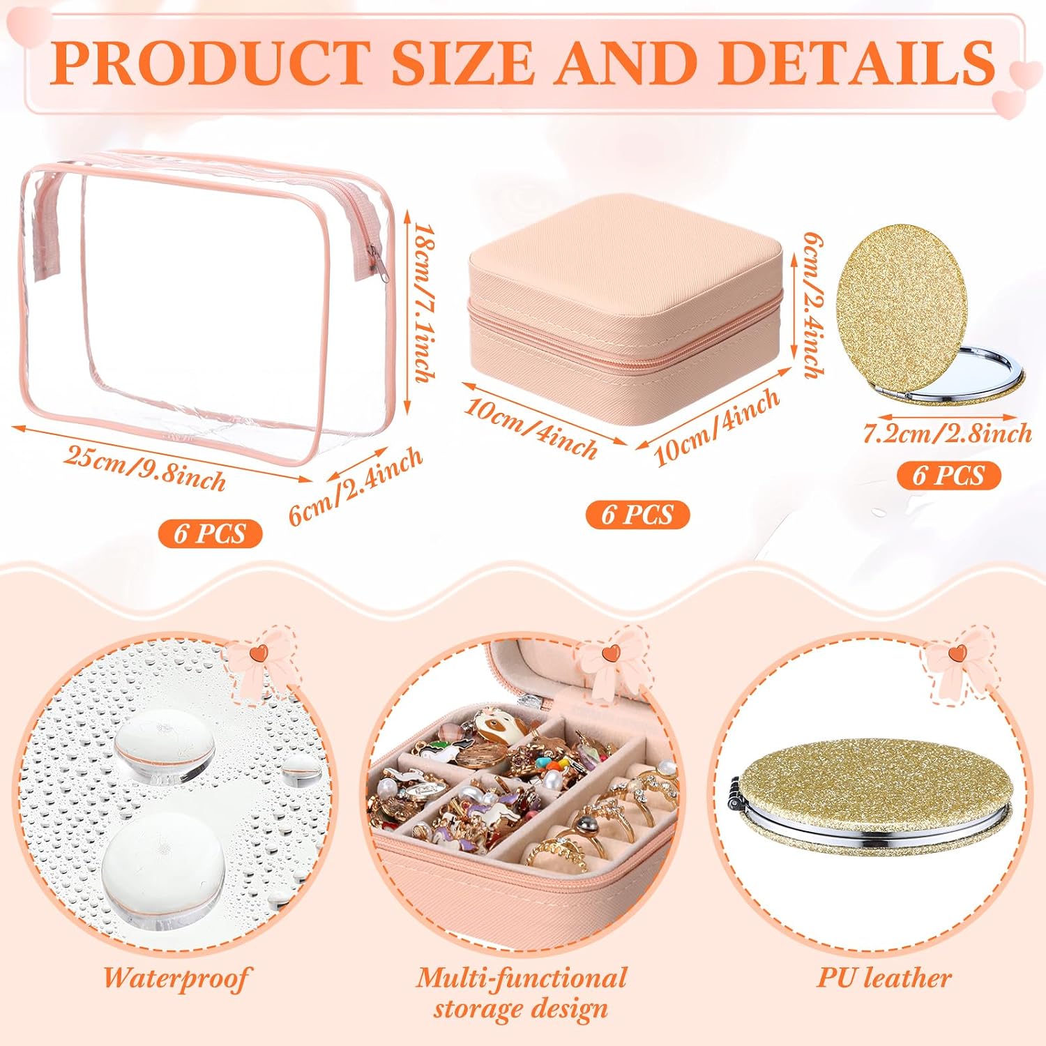 48 Pcs Sleepover Party Supplies Kit Bridesmaid Proposal Gifts Slumber Birthday Spa Party Favors Bow Headband Scrunchies Jewelry Case Makeup Bag Mirror for Gifts (Beige)