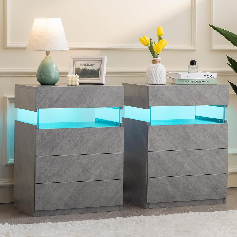 Bingoday Gray LED Night Stand Set 2 with 4 Drawers Modern Bedside Table | Nig...