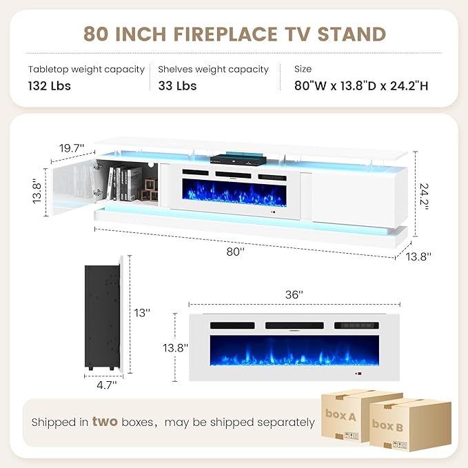 80" Fireplace TV Stand, Modern Entertainment Center for TVs Up to 90&quo...
