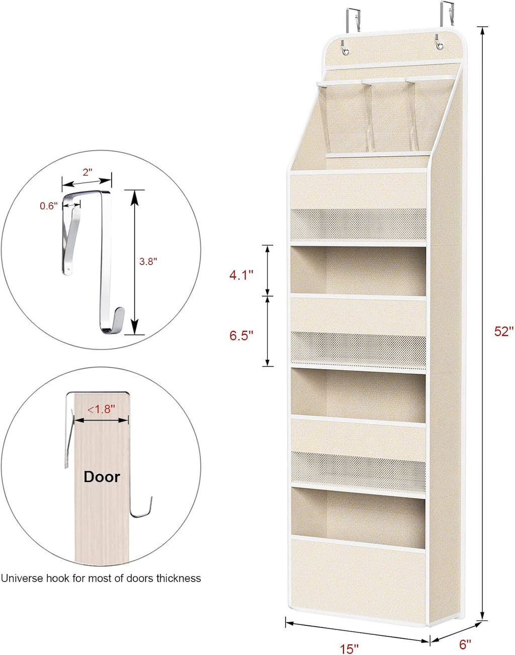 Univivi 5-Shelf Over Door Hanging Organizer Fabric Door Storage with 4 Large Pockets and 3 Small PVC Pockets Wall Mount Hanging Storage Organizers for Baby Nursery (Beige Pattern)