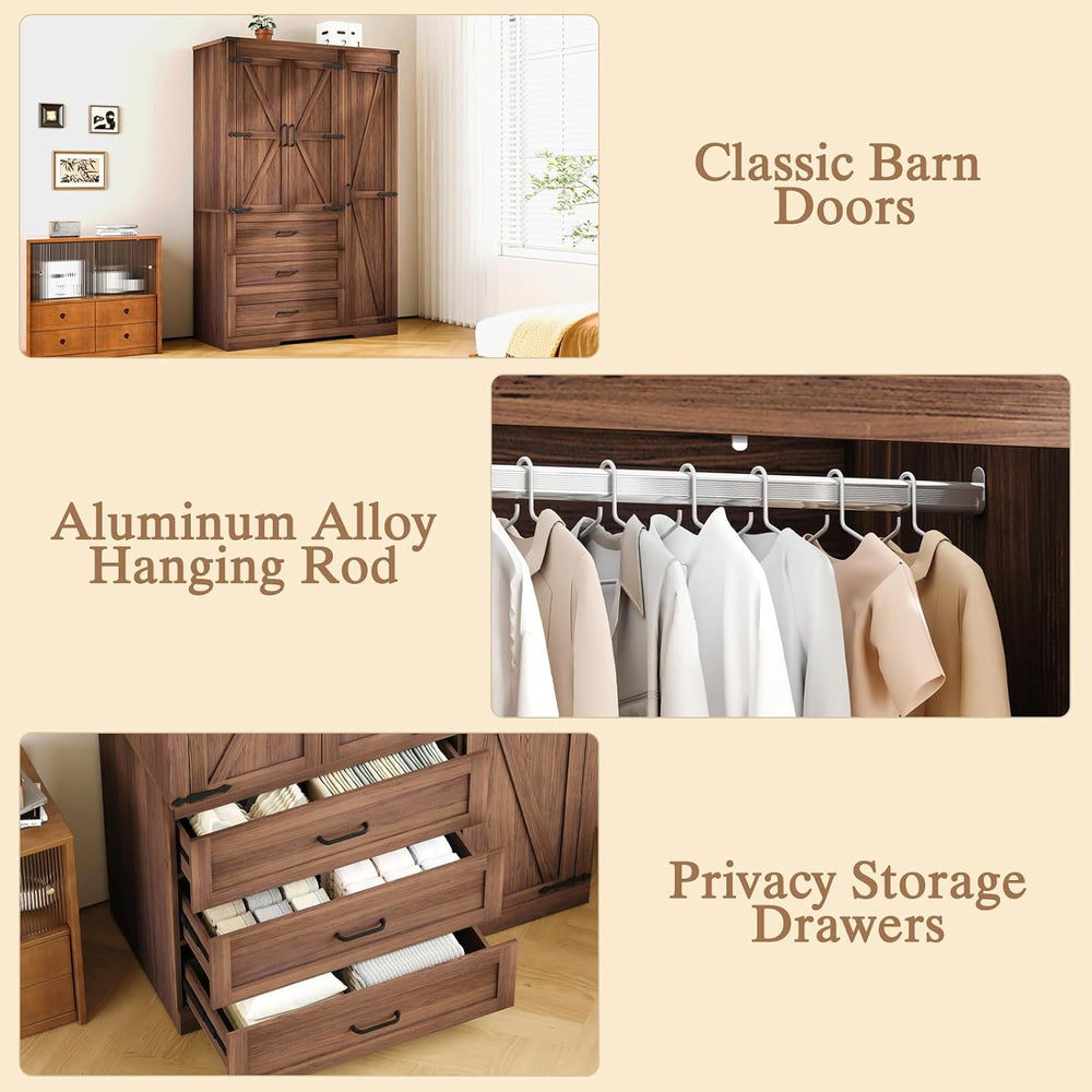 70" Tall Wardrobe Closet with 3 Doors & 3 Drawers, Farmhouse Armoire...