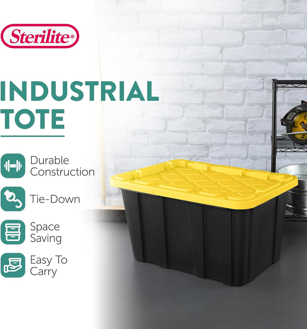 Sterilite Industrial Storage Tote with Lids for Garage, 27 Gallon, 4-Pack | Heavy-Duty and Stackable Utility Box Containers for Home, Office, and Basement Organization, Black/Yellow