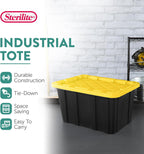 Sterilite Industrial Storage Tote with Lids for Garage, 27 Gallon, 4-Pack | Heavy-Duty and Stackable Utility Box Containers for Home, Office, and Basement Organization, Black/Yellow