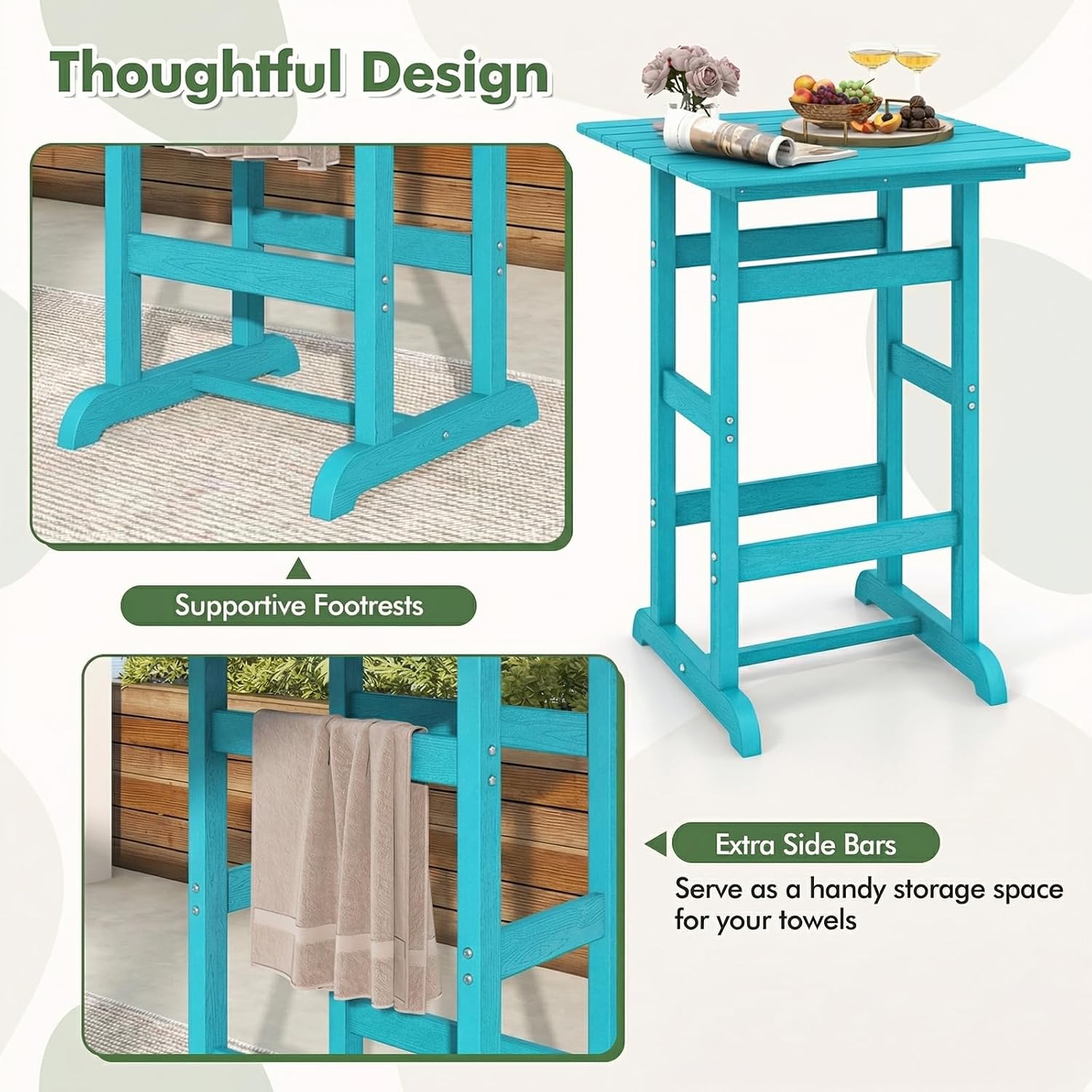 Giantex 42" Height Outdoor Tall Bar Table, HDPE Square Pub Table with Wood Grains, Cocktail High Top Tables for Adirondack Chairs, Patio, Bistro, Garden, Poolside, Yard, Balcony, Turquoise