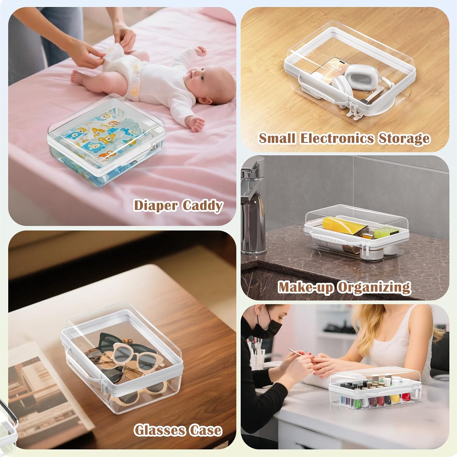 3PCS Clear Hard Shell Zipper Case, Portable Storage Box for Makeup, Toiletry, Travel, Durable and Waterproof Storage Bins, Grade Plastic Zipper Case, Cosmetic Bag (White)