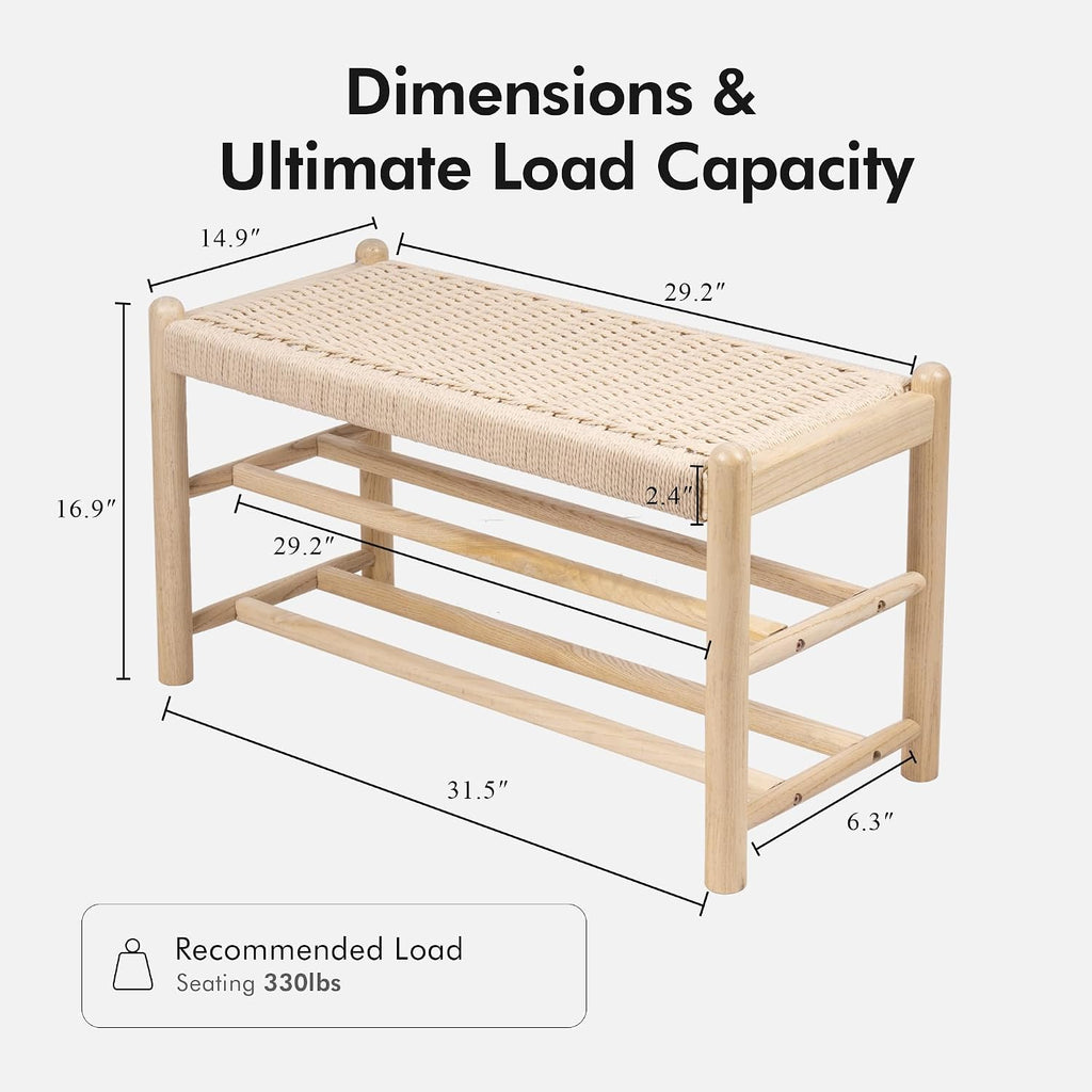 Solid Wood Entryway Bench with Shoe Storage, Rustic Oak Wood and Woven Design 31.5 Inch Long Seating for Living and Dining Rooms, 3-Tier Nature