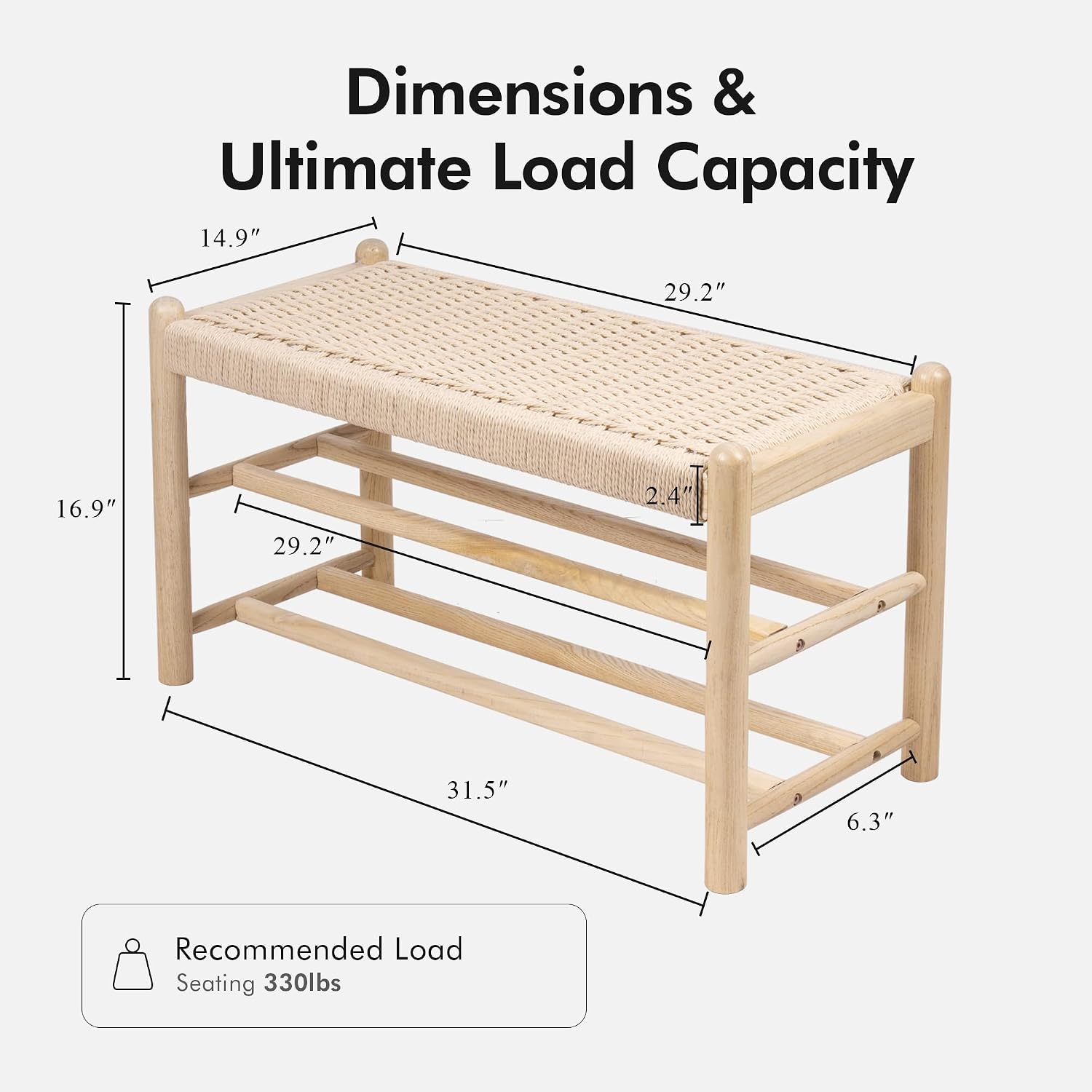 Solid Wood Entryway Bench with Shoe Storage, Rustic Oak Wood and Woven Design 31.5 Inch Long Seating for Living and Dining Rooms, 3-Tier Nature
