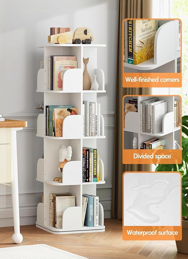 Rotating Bookshelf Tower, 4 Tier Small Spinning Corner Bookshelf for Small Spaces, 360 Display Kids Bookshelves Floor Standing Bookcase Storage Rack Wood Book Shelf Organizer for Bedroom Room, White