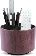 Round Leather Art Supply Organizer,Remote Control Holder,360 Degree Spinning,Multi-Functional Pencil Holder,4 Compartments Desktop Stationary Organizer(1-Thin Wood Dark Brown)