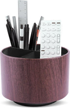 Round Leather Art Supply Organizer,Remote Control Holder,360 Degree Spinning,Multi-Functional Pencil Holder,4 Compartments Desktop Stationary Organizer(1-Thin Wood Dark Brown)