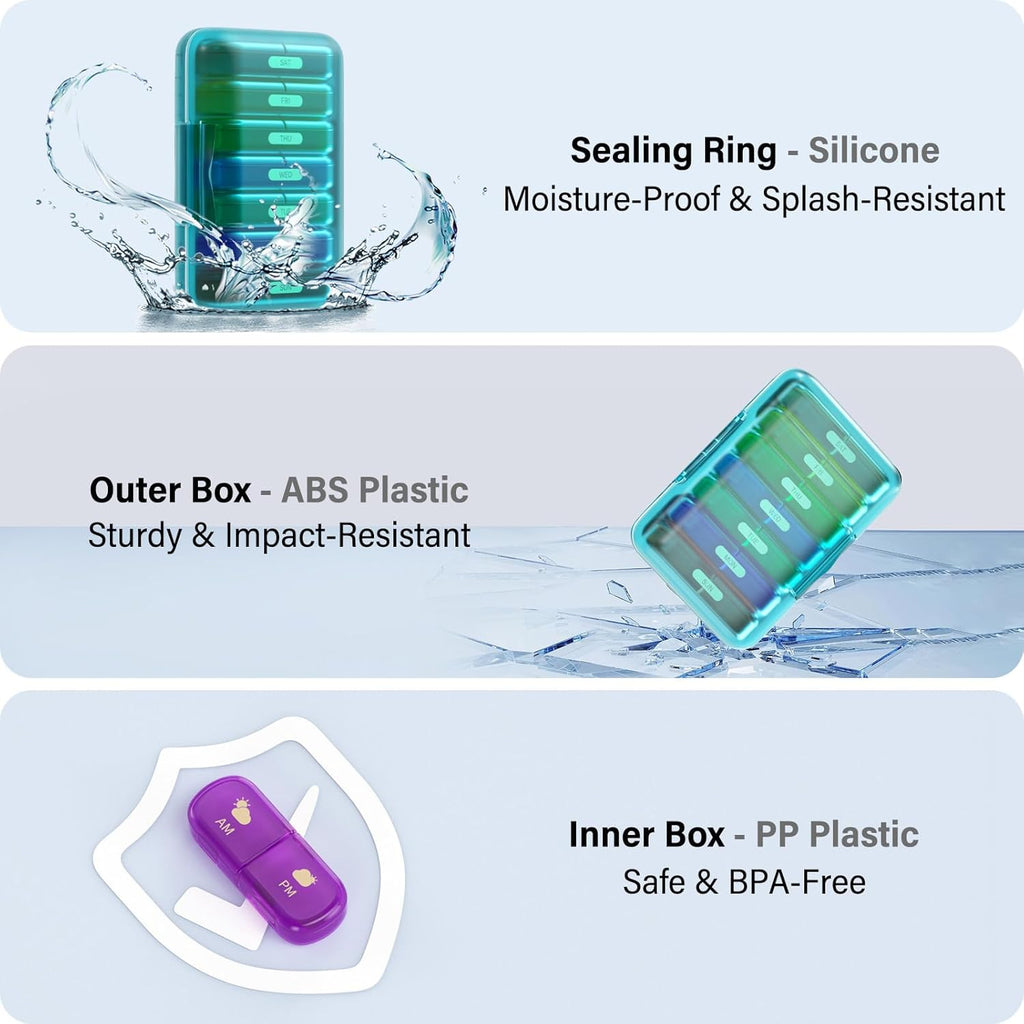 Weekly Pill Organizer 2 Times a Day, 7 Day Pill Box 2 Times, Portable for Travel Pill Case for Pills/Vitamin/Fish Oil/Medication/Supplements (2x7 Blue+Rainbow)