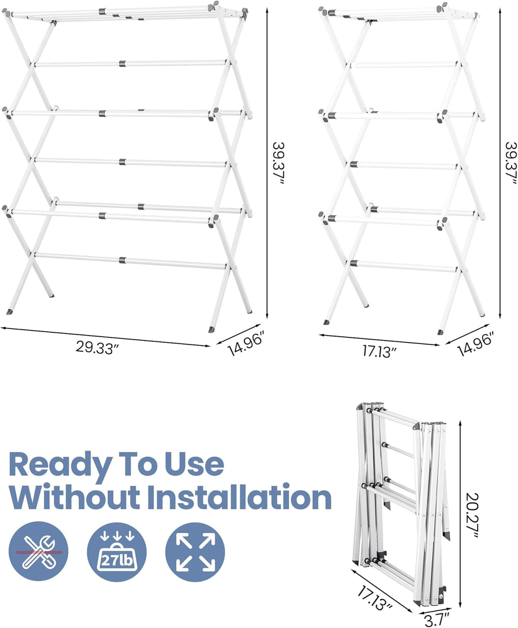 APEXCHASER Oversize Clothes Drying Rack, 3-Tier Drying Rack Clothing, Expandable Metal Laundry Drying Rack, Air Drying Rack, Clothes Rack, No install, 24lb Capacity, 14.9" D x 29.3" W x 39.3" H, White