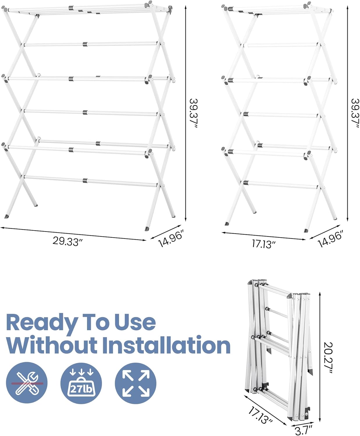 APEXCHASER Oversize Clothes Drying Rack, 3-Tier Drying Rack Clothing, Expandable Metal Laundry Drying Rack, Air Drying Rack, Clothes Rack, No install, 24lb Capacity, 14.9" D x 29.3" W x 39.3" H, White