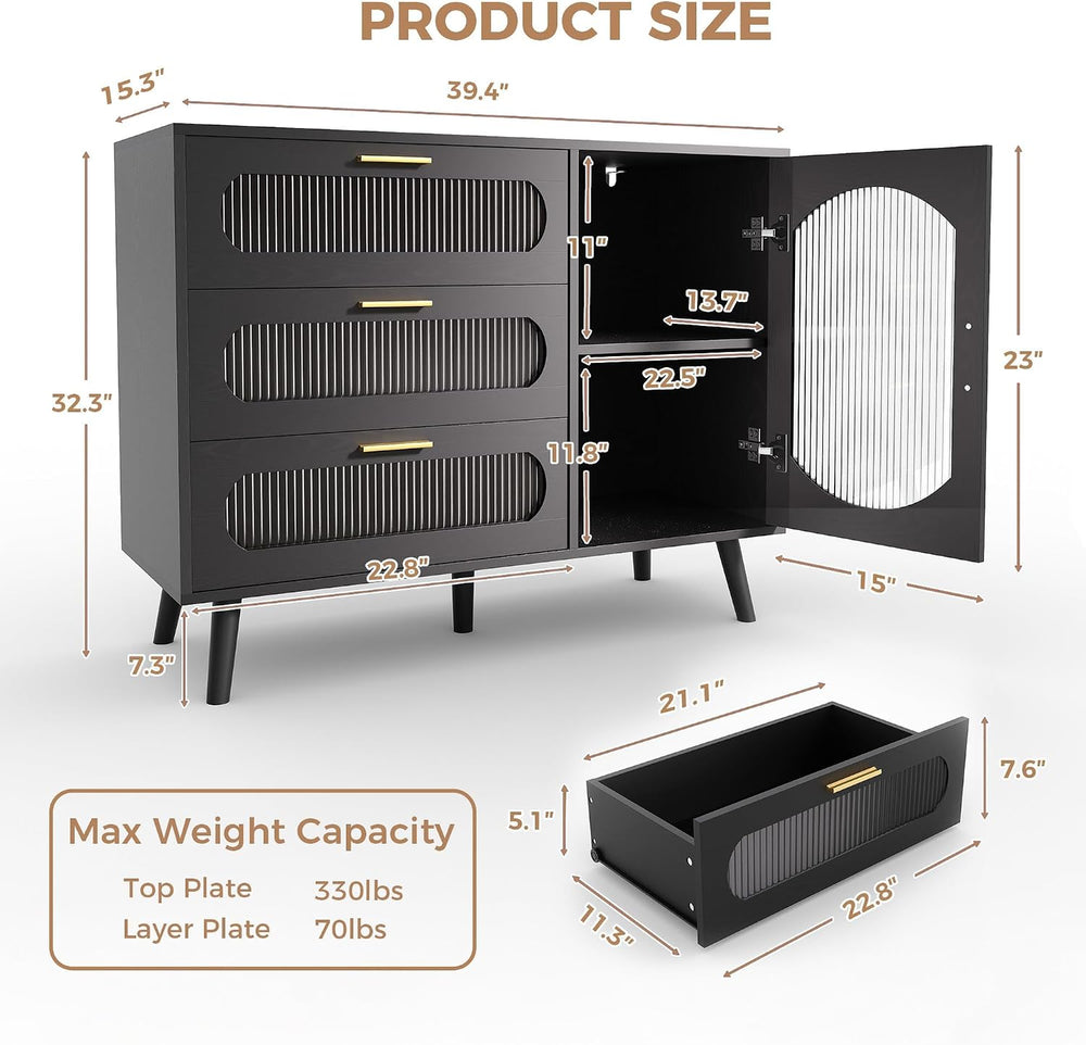 GarveeHome 39.4'' Modern Buffet Cabinet with Storage, Black Sideboard...