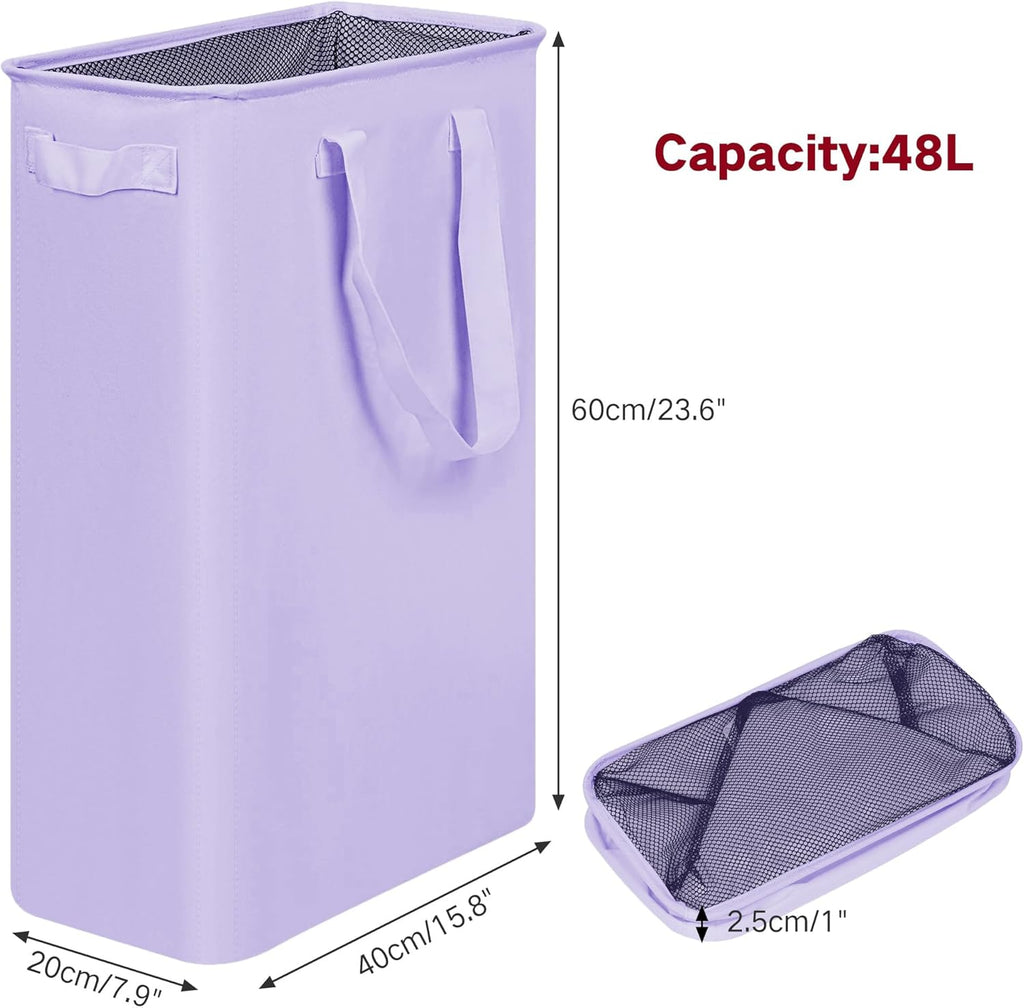 efluky Slim Laundry Basket, Narrow Laundry Hamper with Handles, Collapsible Dirty Clothes Hamper, Tall Laundry Bin for Laundry Room, Dorm and Bedroom, 12.7 Gallons(48L) Light Purple