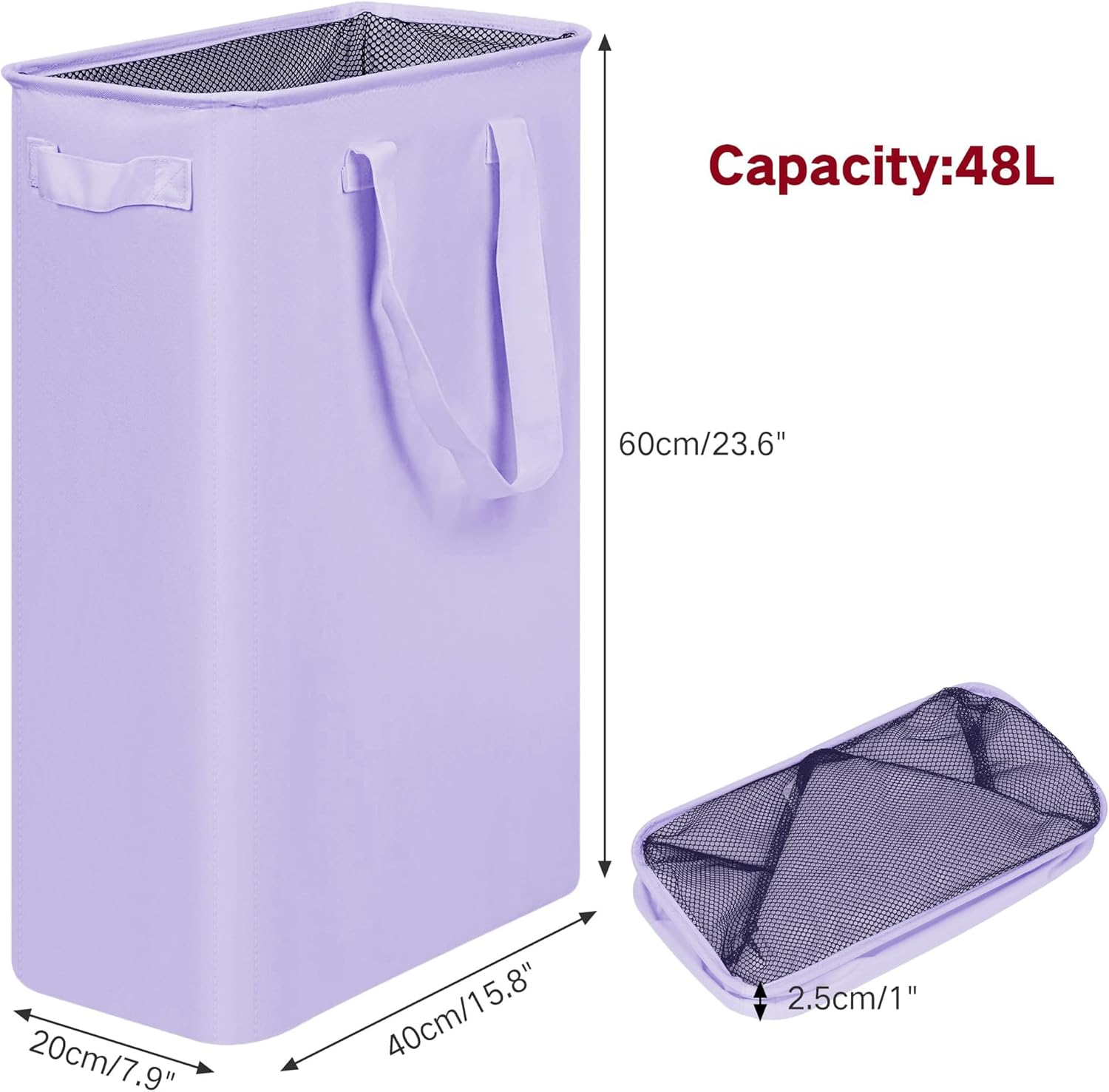 efluky Slim Laundry Basket, Narrow Laundry Hamper with Handles, Collapsible Dirty Clothes Hamper, Tall Laundry Bin for Laundry Room, Dorm and Bedroom, 12.7 Gallons(48L) Light Purple