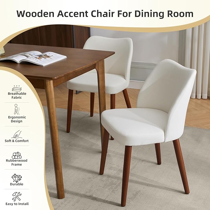 Dining Chair Set of 4, Linen Upholstered Dining Chair with Solid Wood Legs, W...