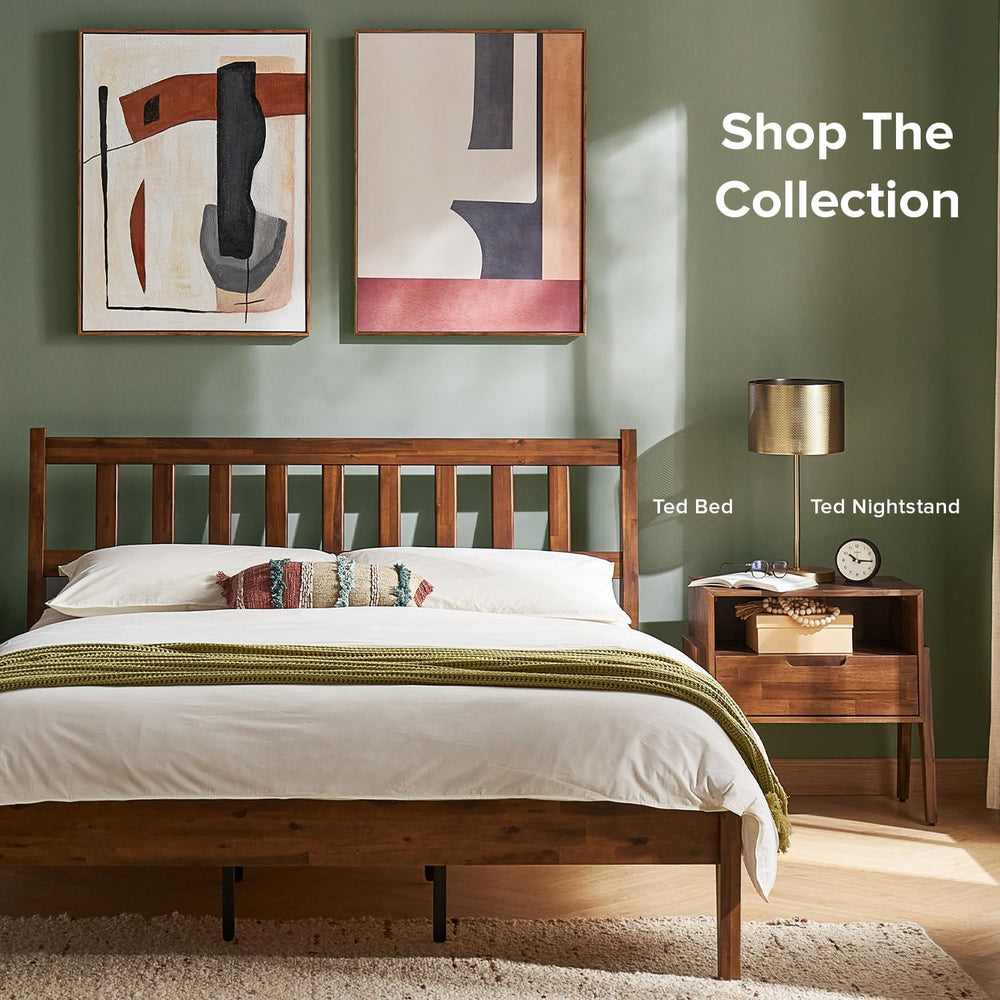 mopio Ted Bed Frame with Headboard, Mid Century Modern Acacia Solid Wood Plat...