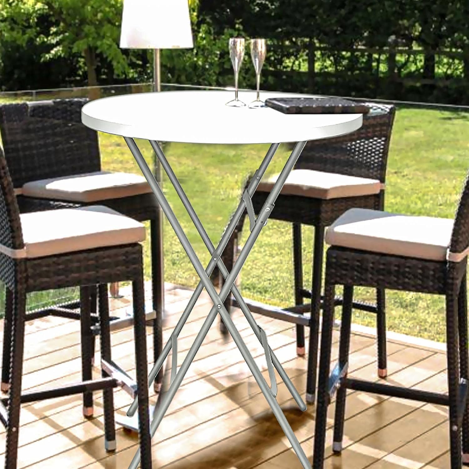 32in Cocktail Table, Plastic Folding Round High Top Indoor Outdoor Use, Foldable Bar Height Table for Parties and Commercial Events (White, 2 Pcs)