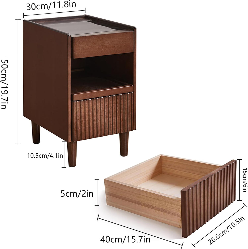 Solid Wood End Table with Glass Top and Drawers, Narrow Nightstand with Pull-...