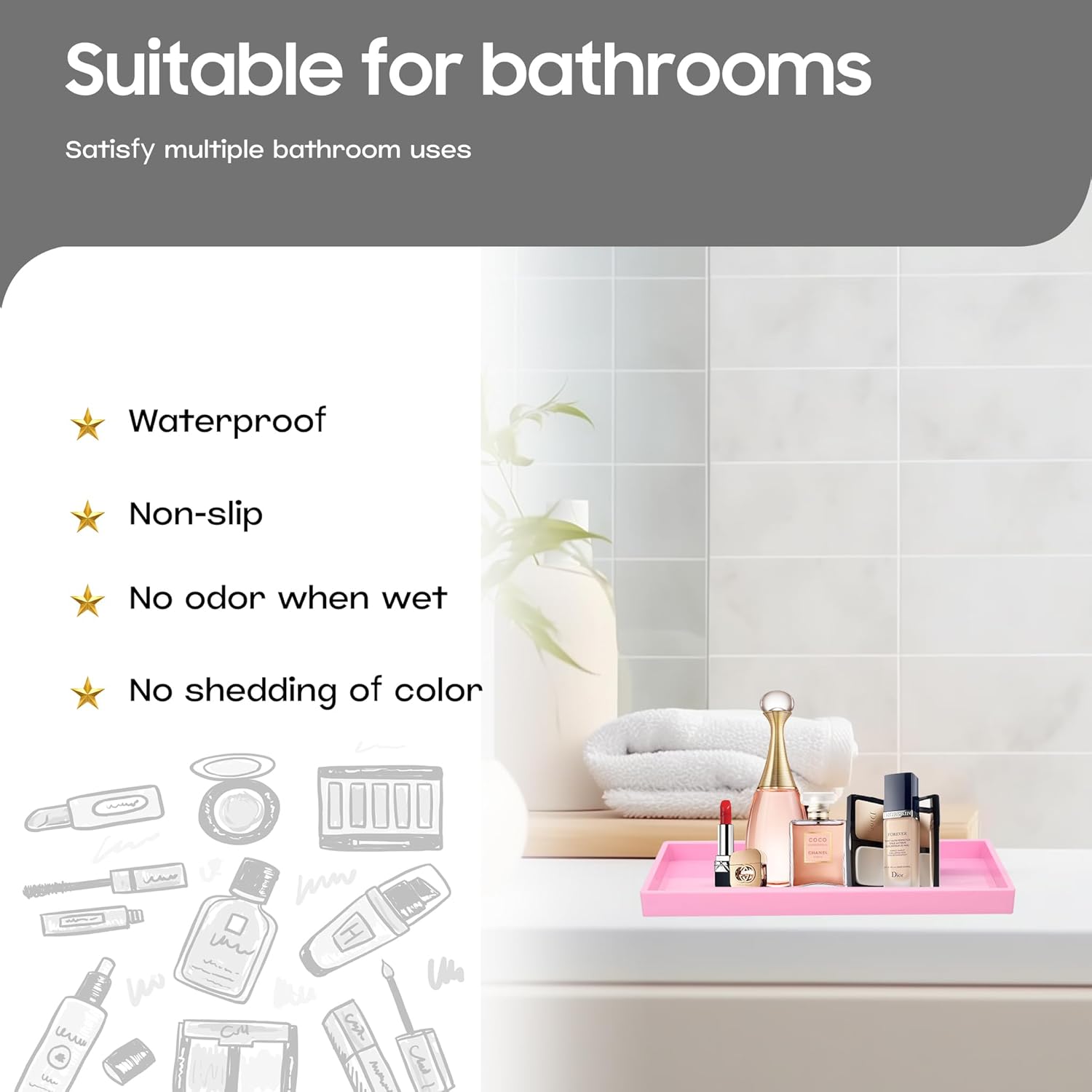 Vanity and Bathroom Tray, 9.8" ABS Countertop Organizer,Waterproof Vanity Tray for Toilet Tank,Perfume,Soap,Keys,Bathroom Accessories,Kitchen and Bath Trays,Non Slip Small Trays,Pink