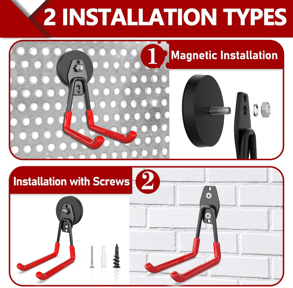 3-H Heavy Duty Magnet Garage Hooks 4 Pack, Extra Large Strong Magnetic Hooks for Hanging Cordless Power Drill, Utility Magnetic Tool Holder for Metal Cabinet, Steel Pegboard, Toolbox, Garage(Red)