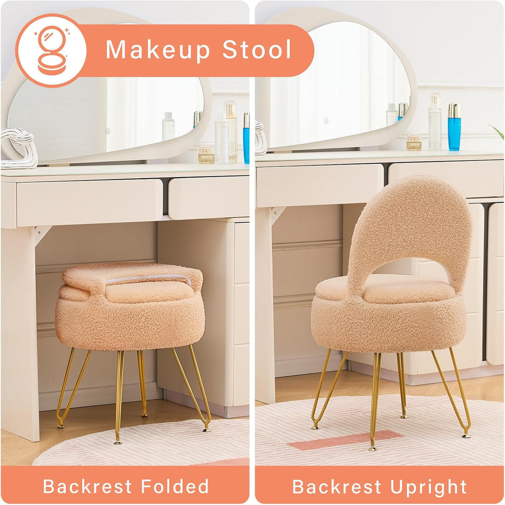 Vanity Stool Chair with Storage and Folding Back, Round Ottoman, Multifunctio...