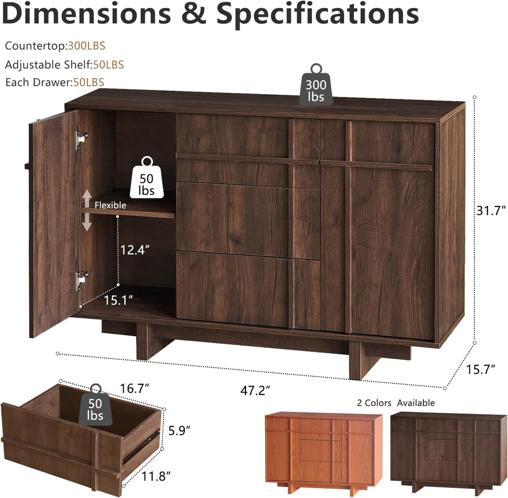 47.2" Buffet Cabinet with Storage, Skeleton Line Design, Walnut