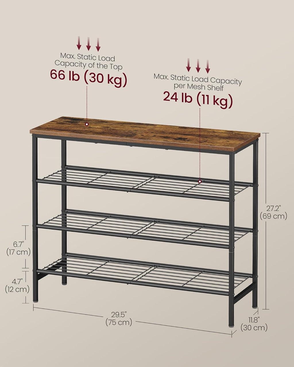 VASAGLE Shoe Rack, Shoe Storage Rack for Closet, Entryway, Living Room, Free Standing Metal Organizer Shelf, 4 Tiers, 11.8 x 29.5 x 27.2 Inches, for 12–16 Pairs, Rustic Brown and Ink Black ULBS049KD01