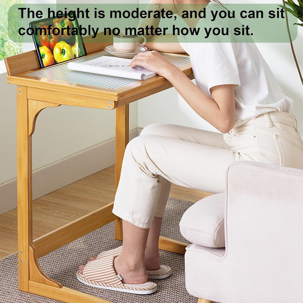 C Shaped End Table with Glass Top, Bamboo Sofa Side Table, Laptop Desk, Snack...
