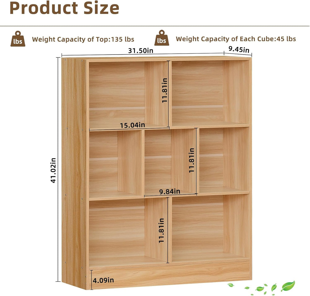 LEYAOYAO 7 Cube Bookshelf with Base,3 Tier Mid-Century Modern Natural Bookcas...