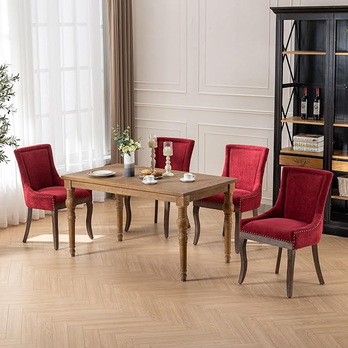 Burgundy Dining Chairs Set of 2, Kitchen & Dining Room Chairs, Fabric Upholstered Dinning Chairs, Sillas De Comedor, Nailhead Trim, Wood Legs (Red, 2 Pcs)